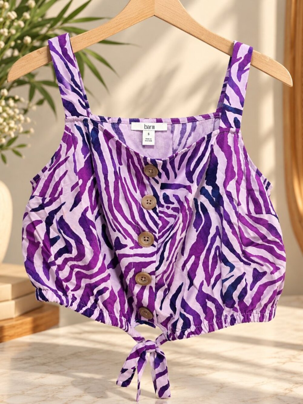 Bar III Womens Zebra Print Crop Top Small Purple Button Front Tie Hem Sleeveless